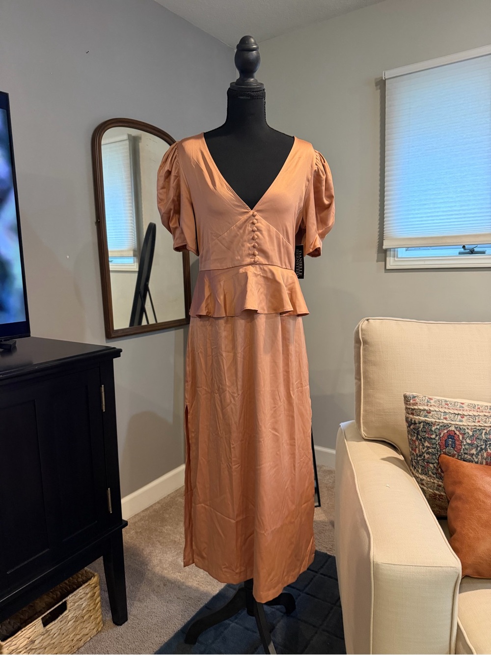 DANIELLE BERNSTEIN Terracotta Puff Sleeve Peplum Midi Dress